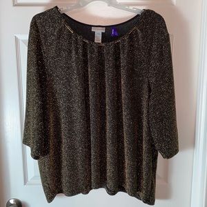 Catherines Top Plus Size 3X Petite Gold Metallic Stretch Pullover 3/4 Sleeve